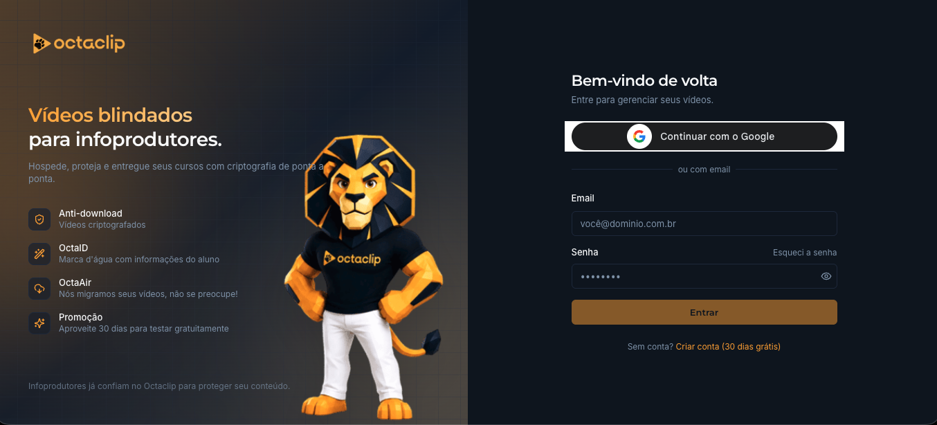 Tela de login do painel do OctaClip