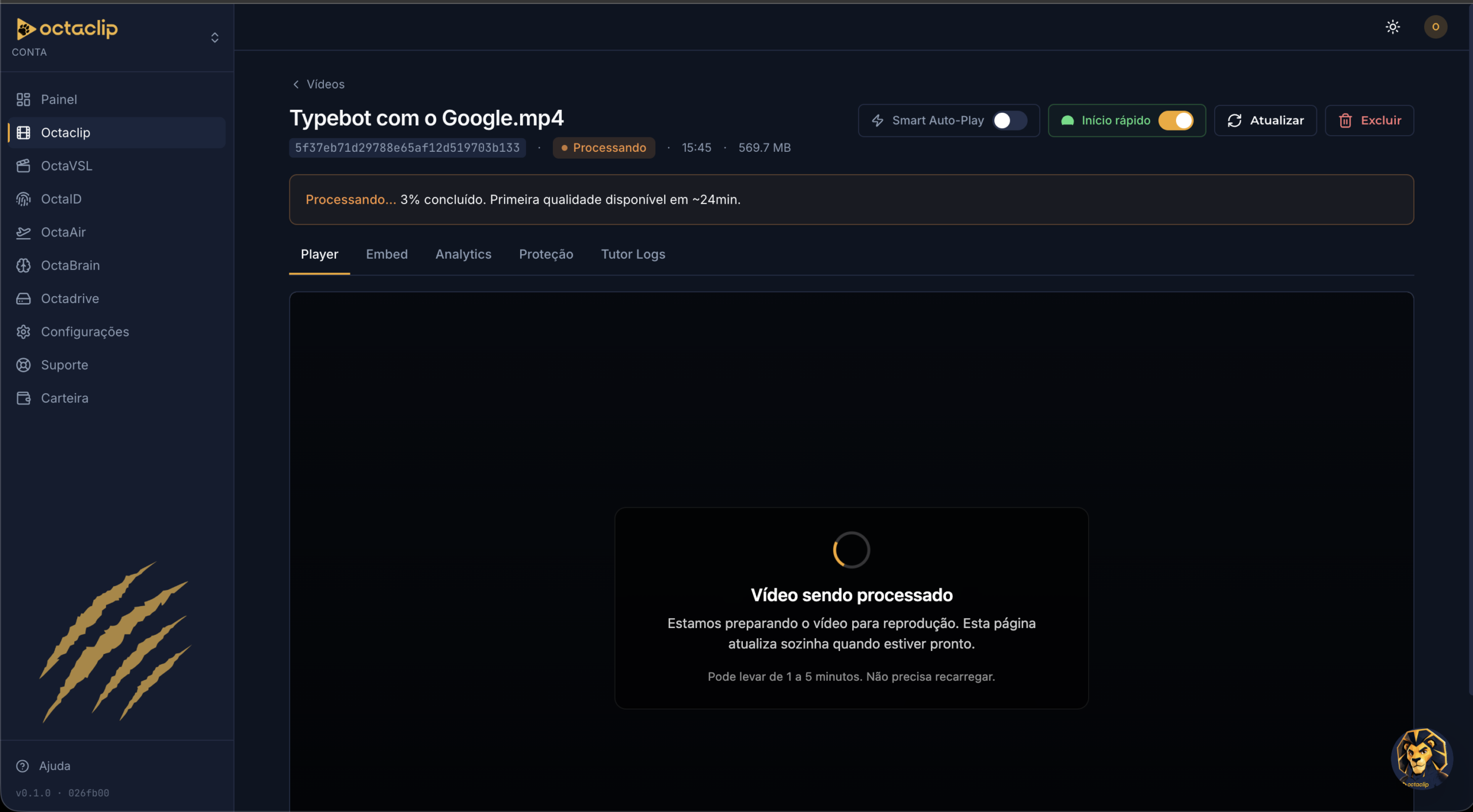 Status de processamento do vídeo no painel