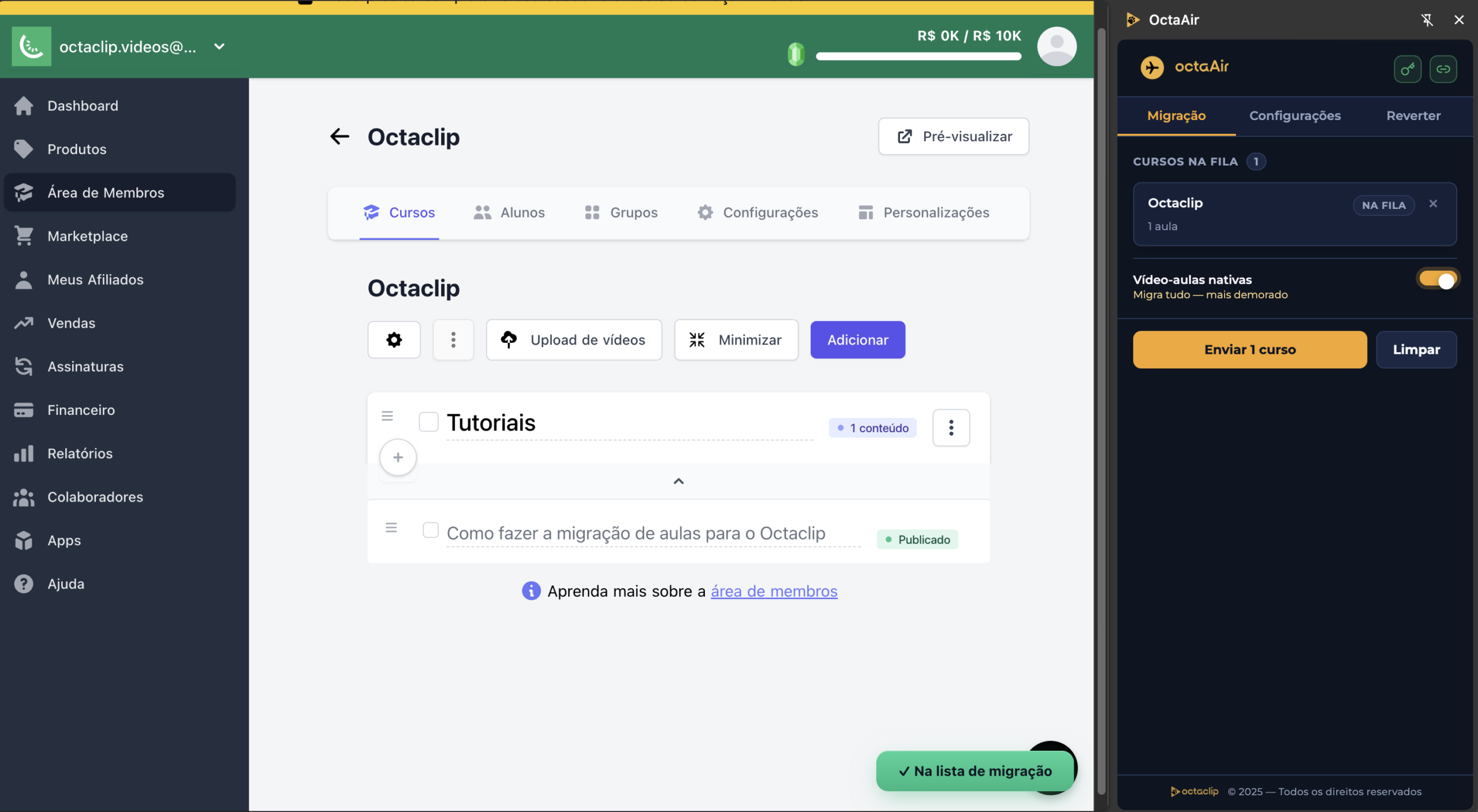 Tela de mapeamento de vídeos na extensão Octaclip Bridge