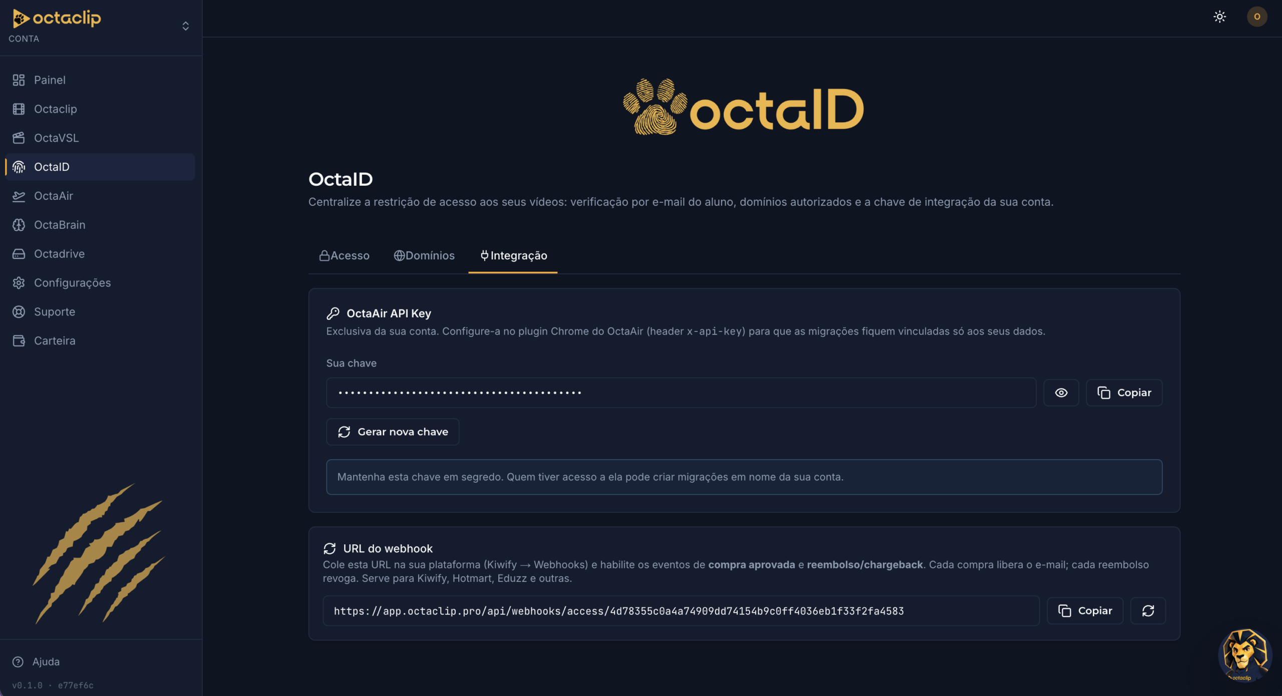 Card da OctaAir API Key na aba Integração do OctaID